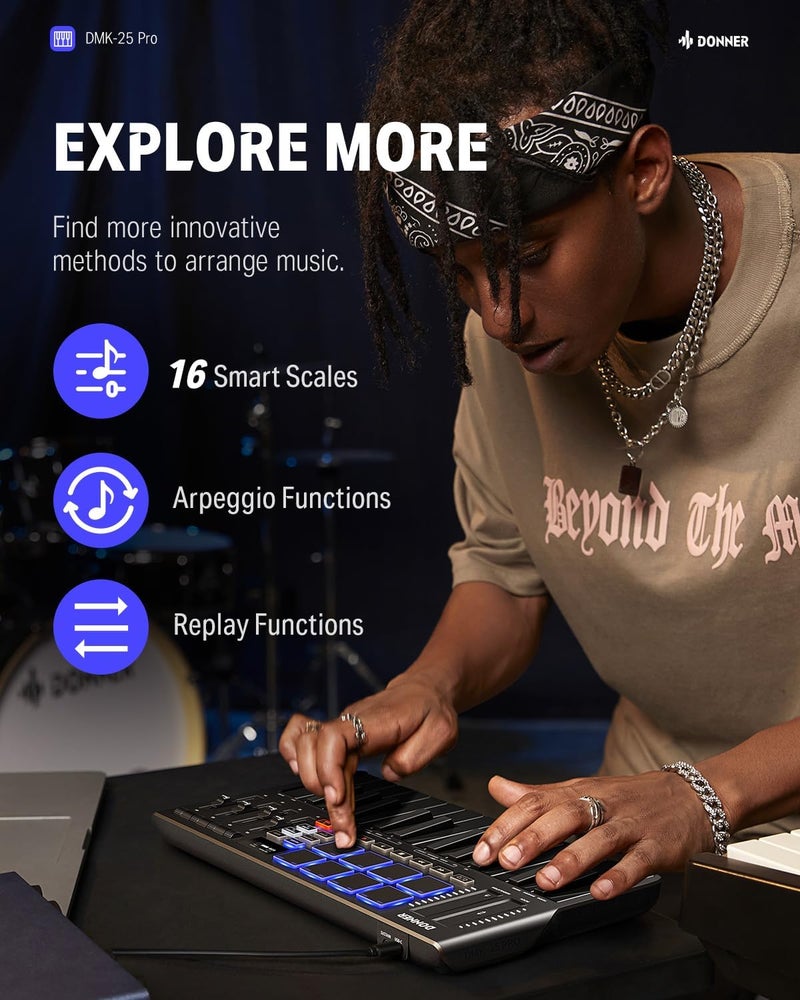 Donner USB-C MIDI Keyboard Controller, 25 Key Portable Mini MIDI Keyboard with 8 Drum Pads, OLED Display, 16 Smart Scales, Arpeggio, Replay, 4 DAW Software and 40 Teaching Courses, DMK 25 Pro Black - Image 2